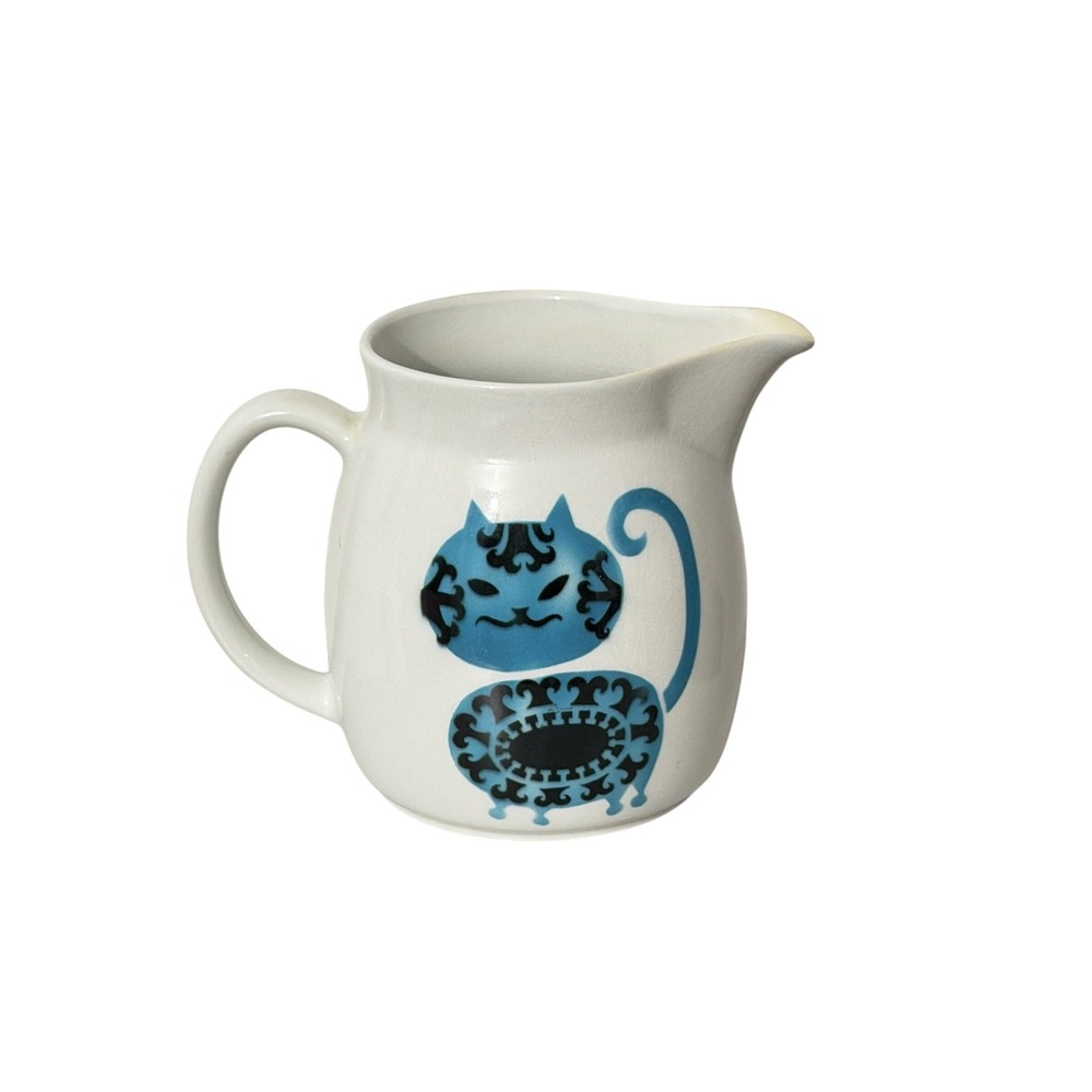 Arabia Finland Cat Pitcher Vintage White Blue Kissa Gunvor Olin-Grönqvist MCM